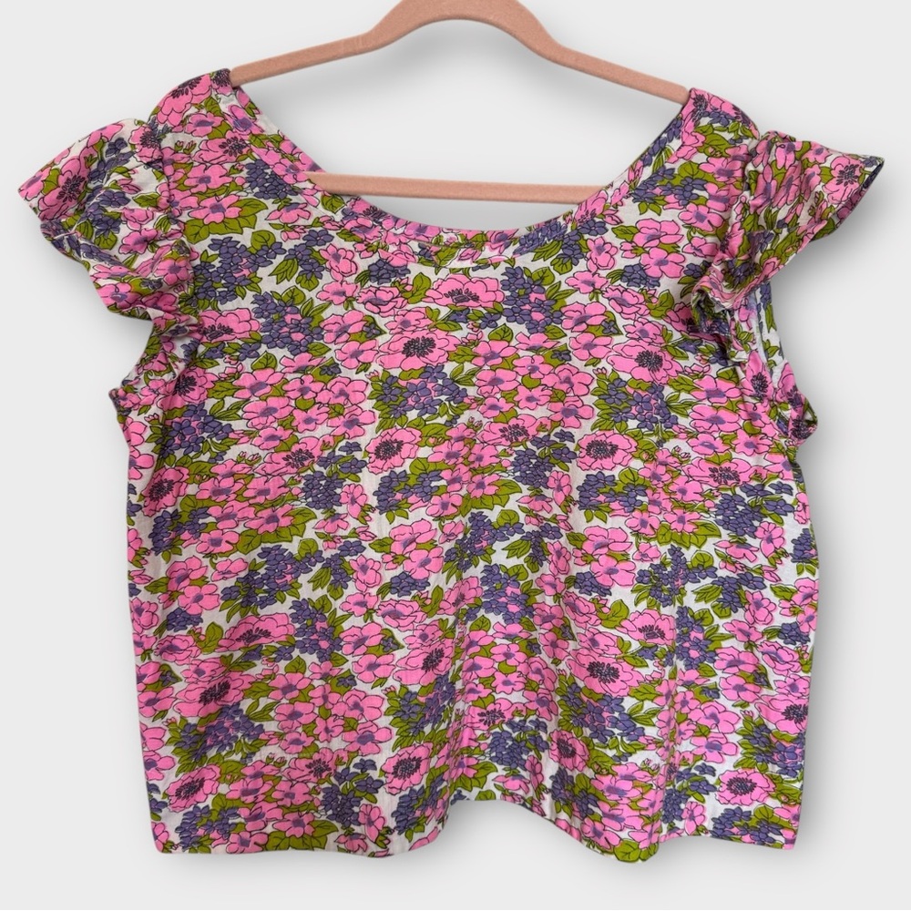 Vintage Ruffled Shoulder Floral Top Pink Green Cropped Boxy Women’s Size M